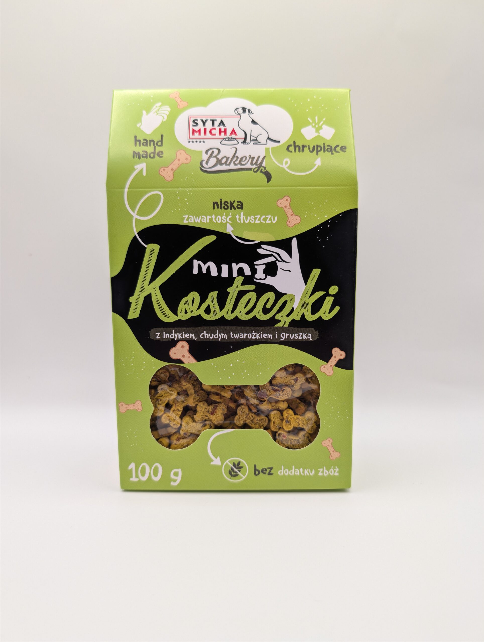 SYTA MICHA Ciastka dla psa Mini kosteczki z indykiem i chudym twarożkiem 100g