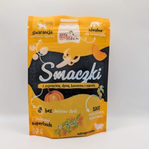 SYTA MICHA Smaczki dla psa z jagnięciną, dynią, bananem i morelą 80g