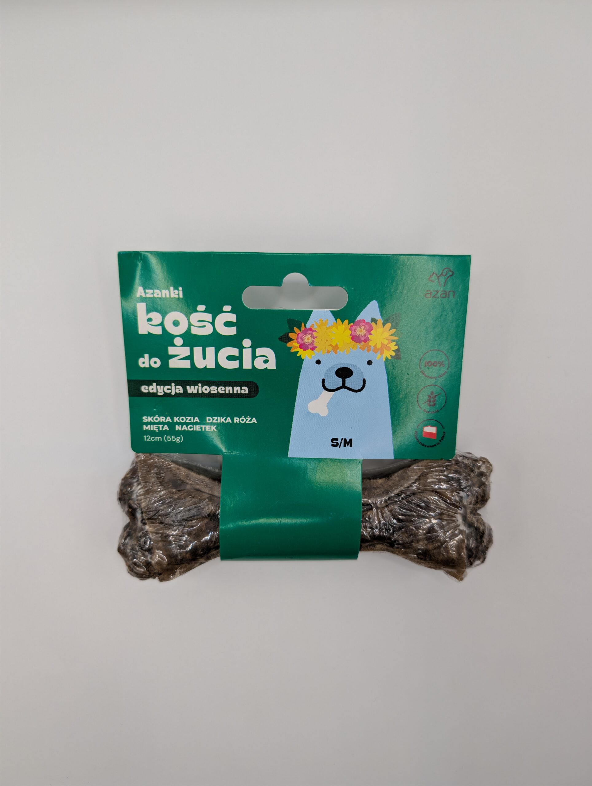 Azanki Kość do żucia w skórze wołowej ze skórą kozią, miętą, dziką różą i nagietkiem (S/M 12cm/55g)